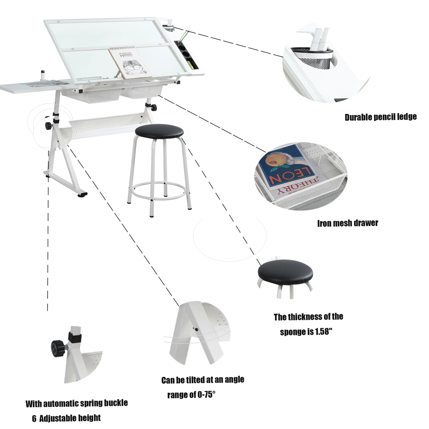 KAAYEE Premium Drawing Draft Table - Height Adjustable Draft Drawing Desk,Up to 72°Tiltable Glass top w/Stool and Drawers for Reading, Writing Art KAAYEE