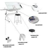KAAYEE Premium Drawing Draft Table - Height Adjustable Draft Drawing Desk,Up to 72°Tiltable Glass top w/Stool and Drawers for Reading, Writing Art KAAYEE
