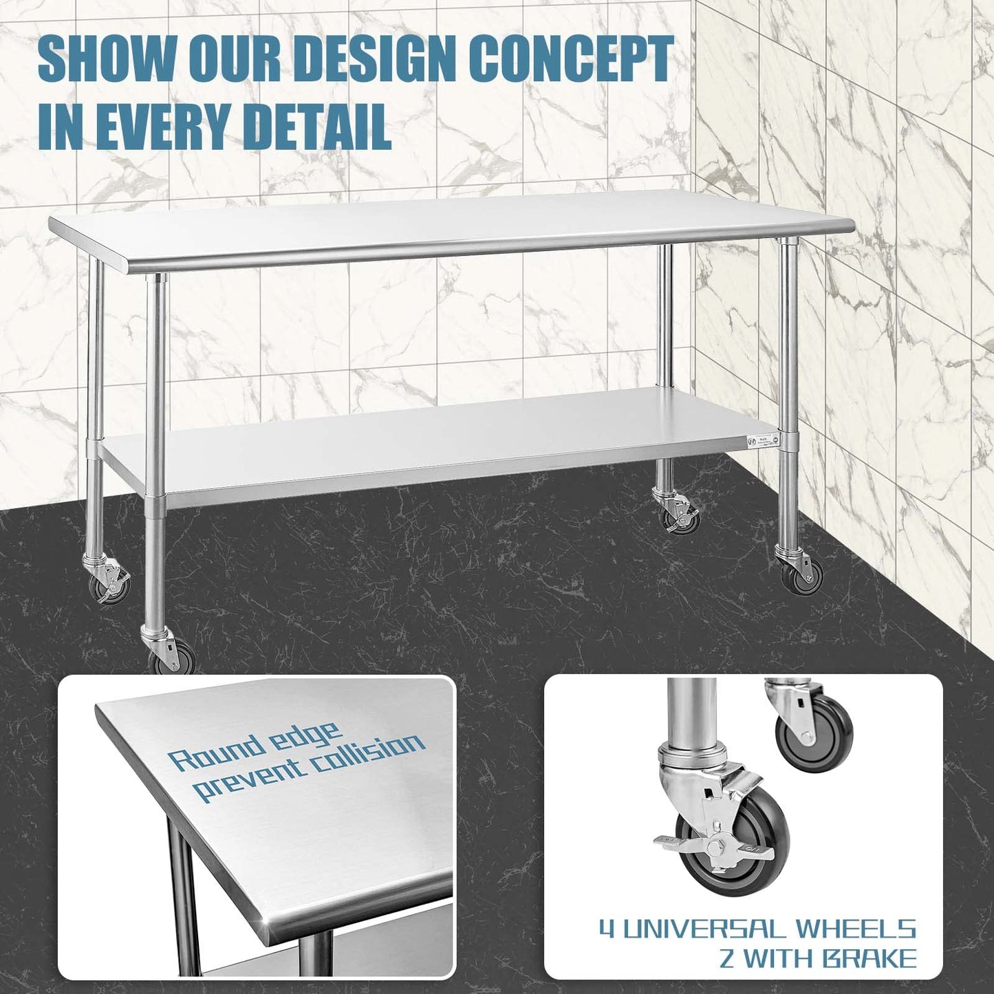 Hally Stainless Steel Table for Prep & Work 24 x 72 Inches with Caster Wheels, NSF Commercial Heavy Duty Table with Undershelf and Galvanized Legs - WoodArtSupply