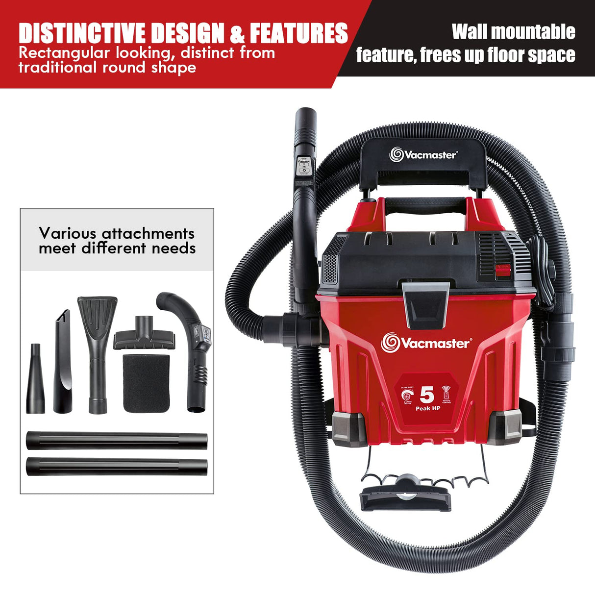 Vacmaster VWMB508 1101 5 Gallon Wall-Mount Wet/Dry Vacuum with Remote Control Operation Red Vacmaster