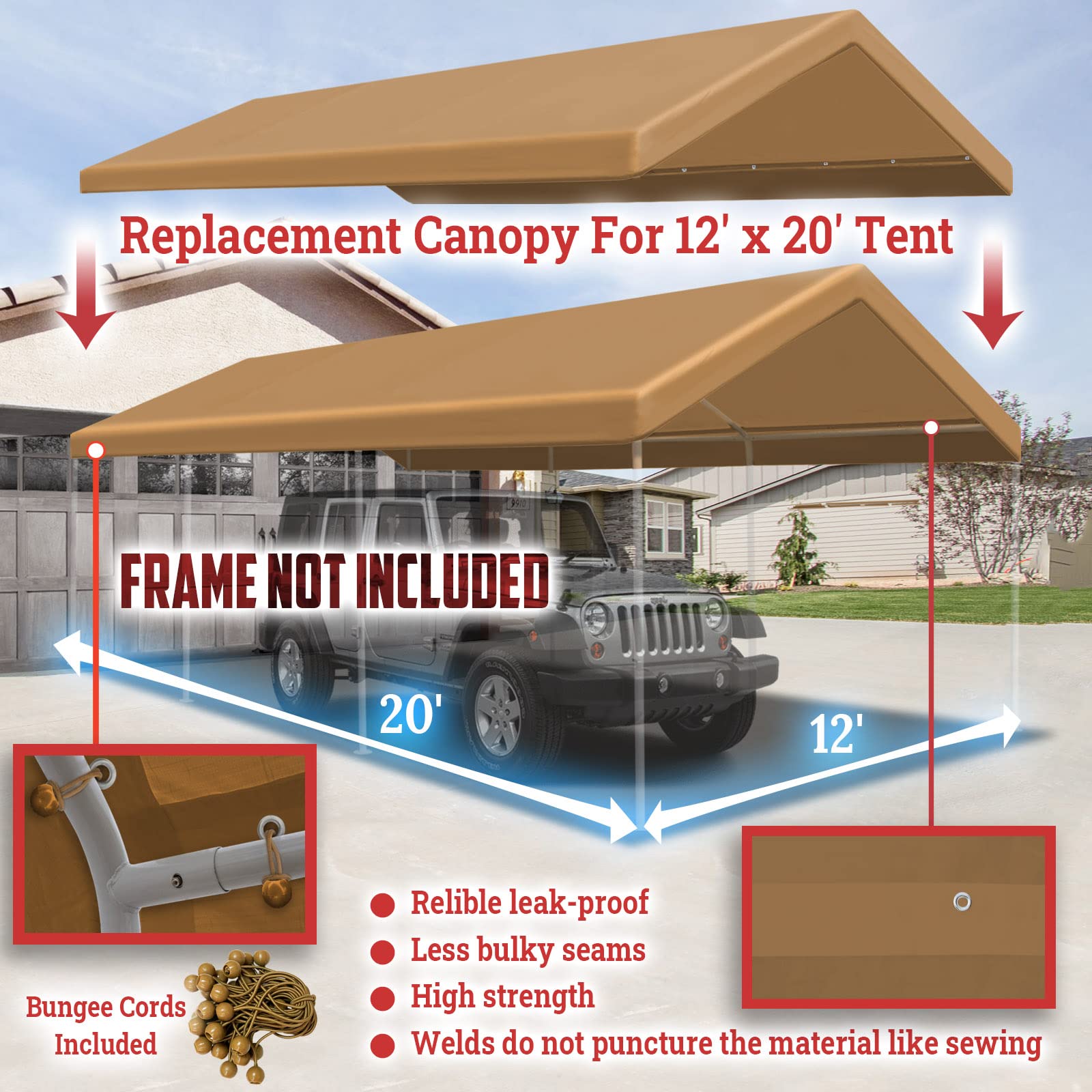 BenefitUSA 12'x20' Upgraded Carport Canopy Tent Garage Replacement Car Shelter Cover with Bungees,Frame is not Included (Tan) - WoodArtSupply