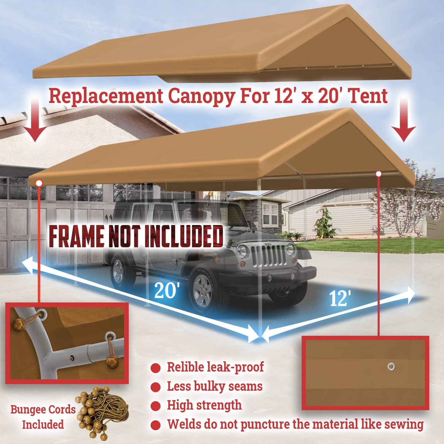 BenefitUSA 12'x20' Carport Canopy ONLY Tent Garage Replacement Top Tarp Car Shelter Cover w/Ball Bungees(TAN)