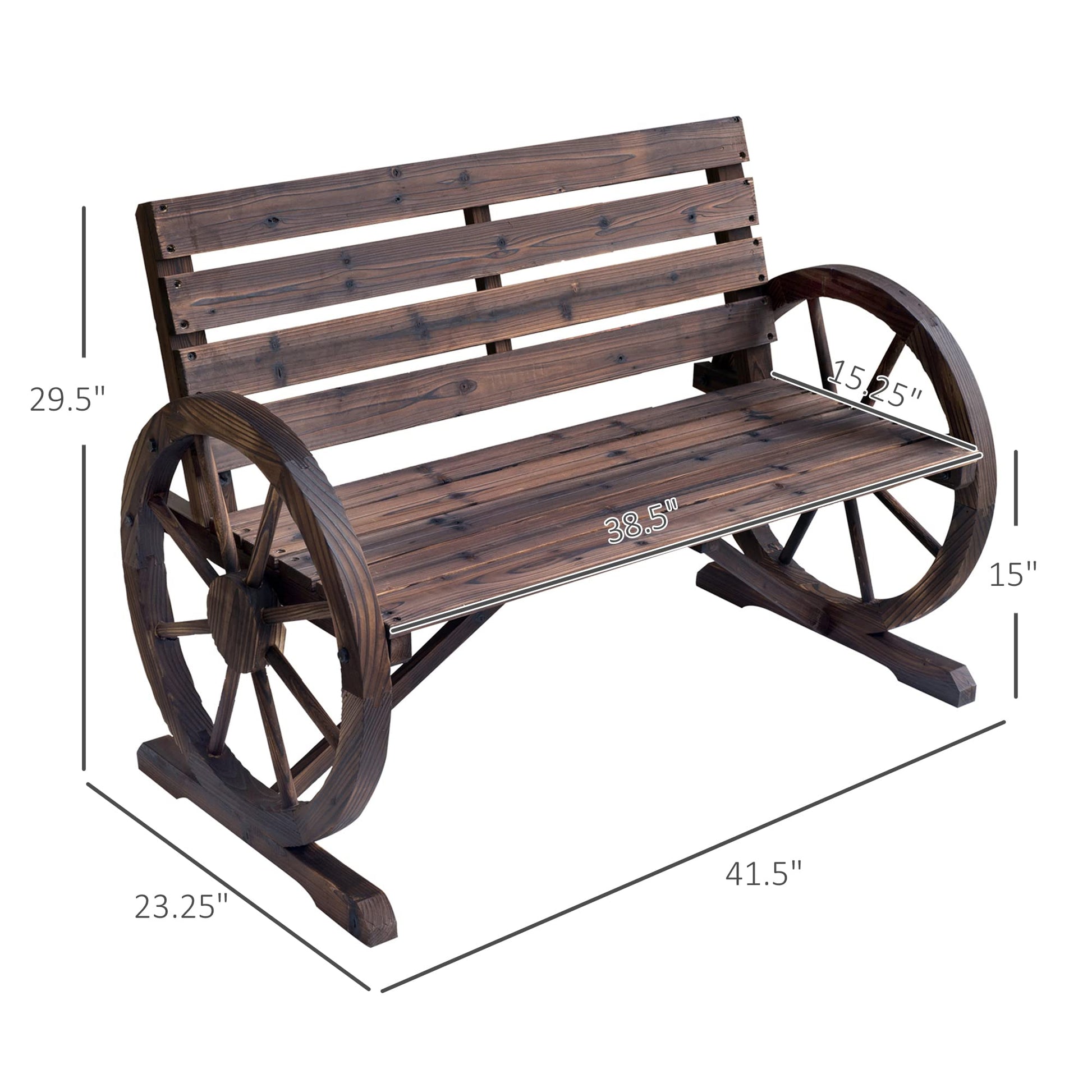 Outsunny Rustic Wagon Wheel Armrest Bench for Outdoor Patio - Brown 2-Person Seating - WoodArtSupply