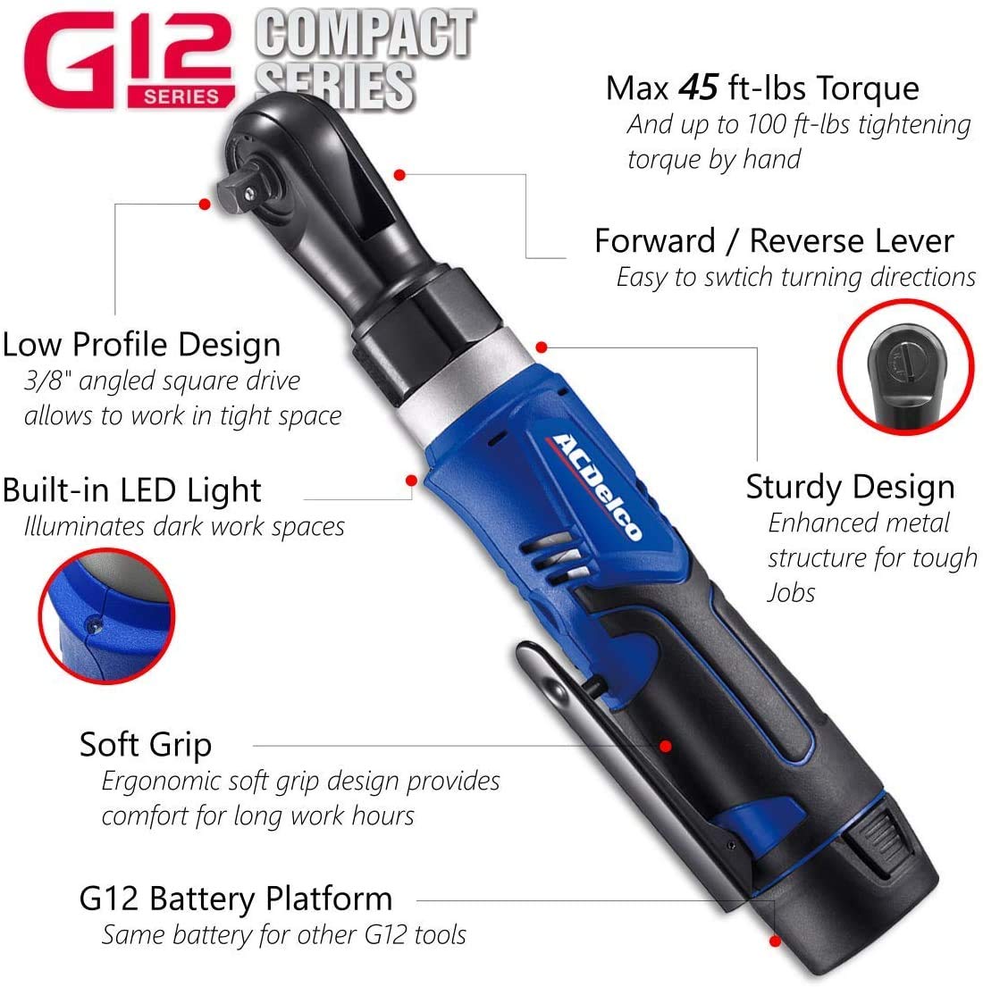 ACDelco ARW1209-K92 G12 Series 12V Li-ion Cordless ¼” & 3/8” Ratchet Wrench Combo Tool Kit with 2 Batteries and Canvas Bag ACDelco Tools