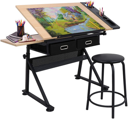 JupiterForce Drafting Desks with 2 Storage Drawers, Height Adjustable Drawing Tables for Painters, Working, Writing, Home Office, Natural