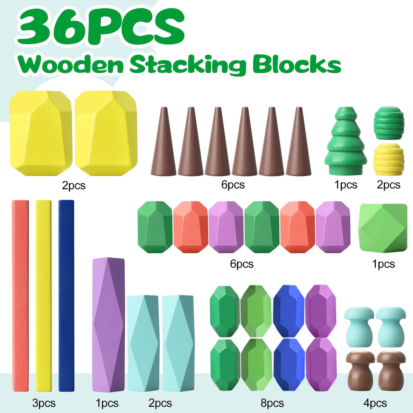 Toys for 3 Year Old Boys Girls, 36 PCS Colorful Wooden Sorting Stacking Rocks for Toddlers 3-4 Montessori Sensory Building Blocks for Kids Ages 4-8,