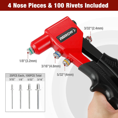 Arrow Hand Riveter Kit, RT187M Professional Pop Rivet Gun with 3/32", 1/8", 5/32", 3/16" 100 Pieces Rivets (Each 25 Pieces), Great for Metal, Gutter Arrow