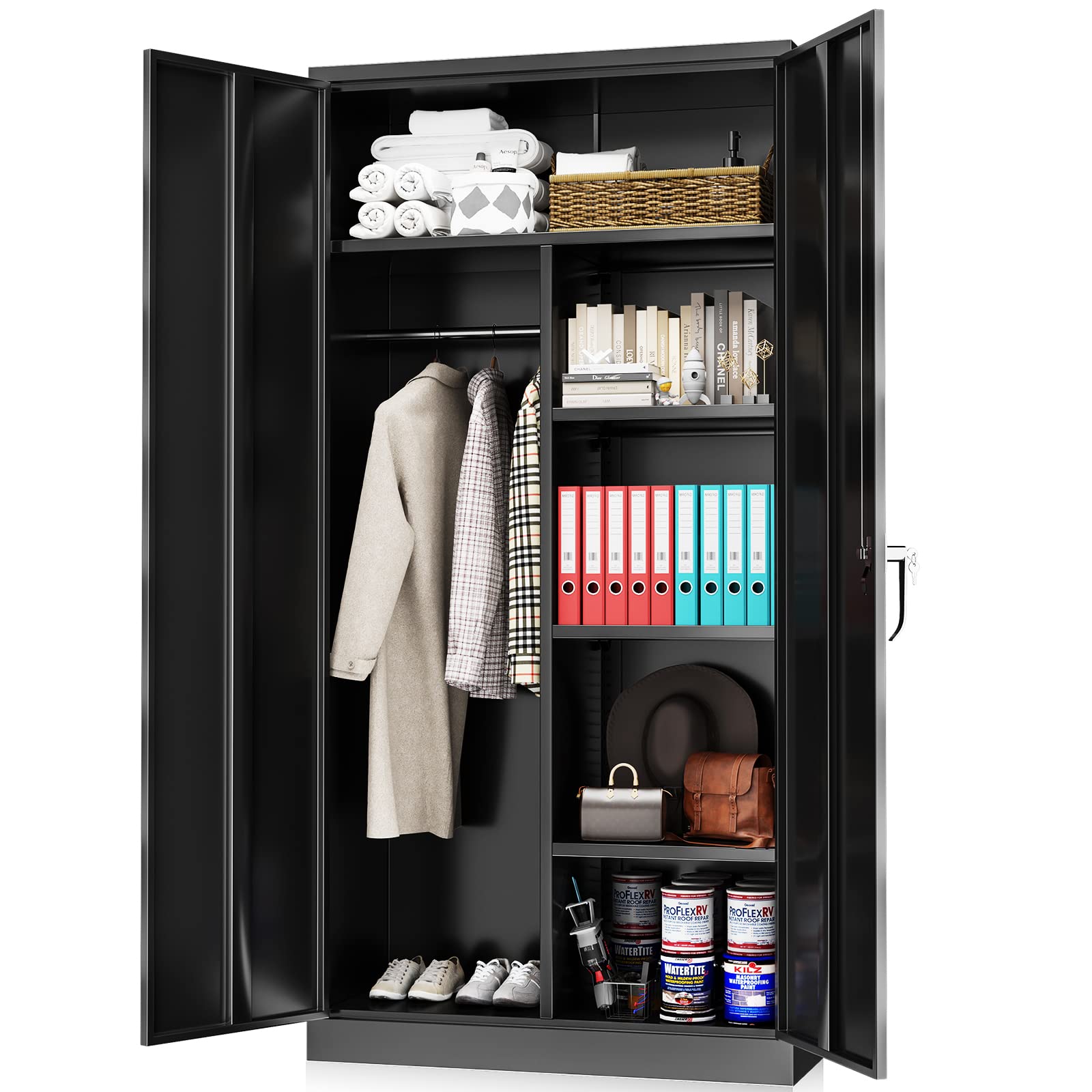 INTERGREAT Metal Storage Cabinet, 72" Armoire Wardrobe Closet with Lock Doors and Adjustable Shelves, Locking Storage Cabinet with Hanging Rods for - WoodArtSupply