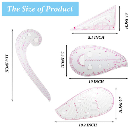 Pattern Sewing Rulers Set, 4 Styles Plastic Sew French Curve Ruler, Metric Curve Shaped Rulers for Designers and Tailors, Perfect for Drawing, Craft, Sunenlyst