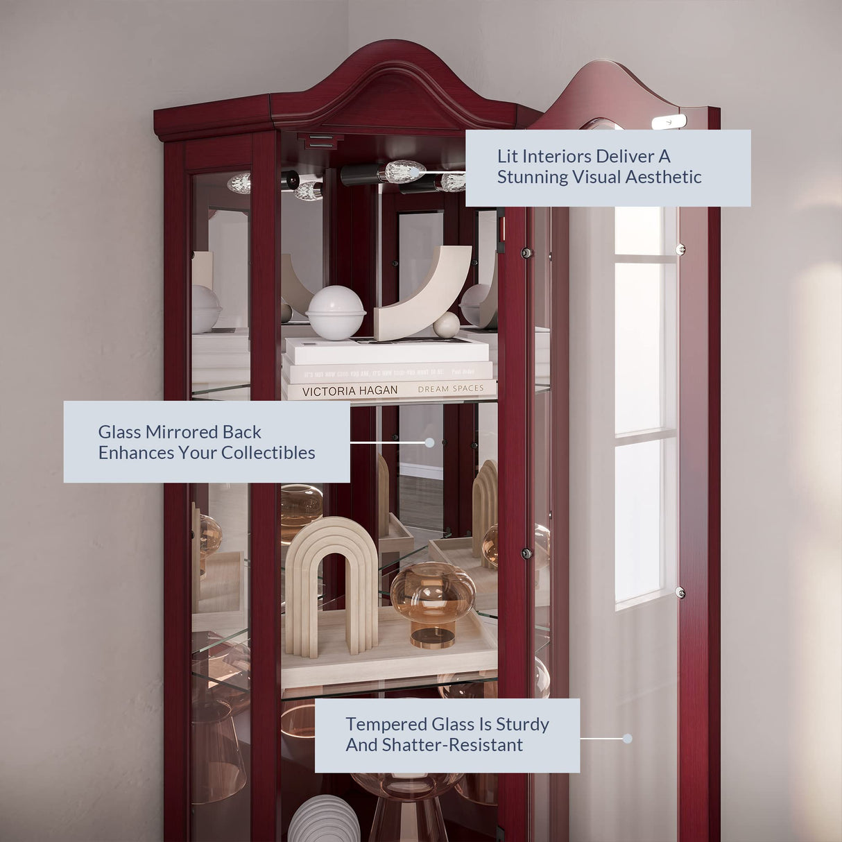 BELLEZE Lighted Corner Display Curved Top Curio Cabinet Wooden Shelving Unit with Tempered Glass Door, Bar and Liquor Storage Area with 5 Shelves - BELLEZE