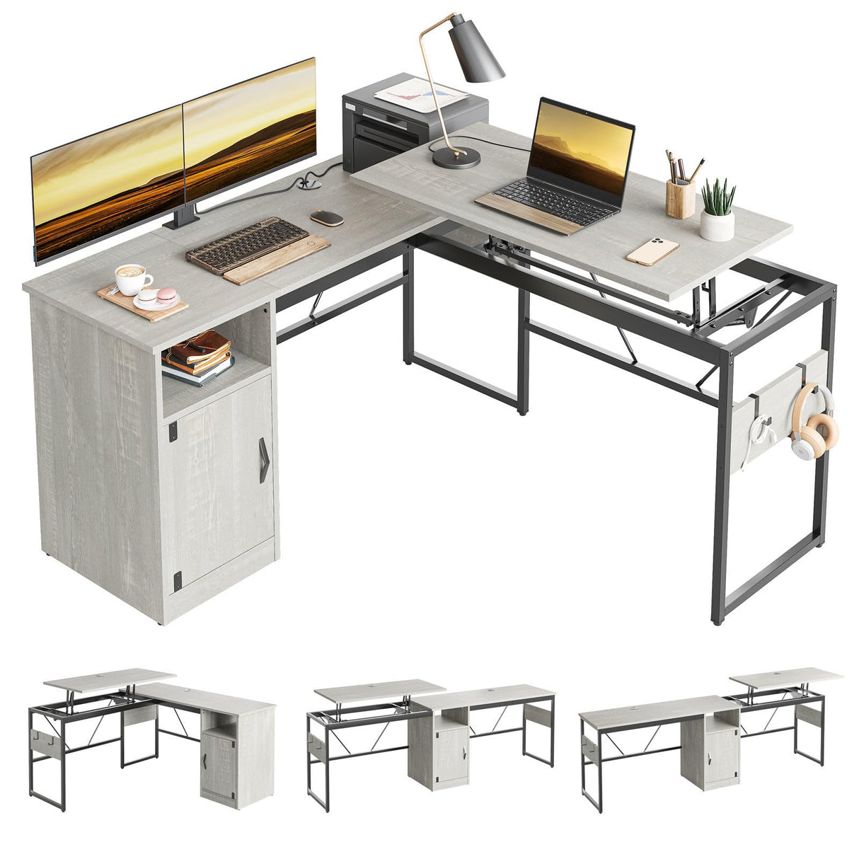 Bestier L Shaped Standing Desk Adjustable Height, 60" Corner Computer Desk with Storage File Cabinet, 95.2" Long and Large Reversible Office Desk Bestier