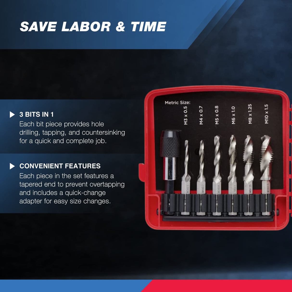 NEIKO 10059A Combination Drill and Tap Bit Set with Quick Change Adapter, 13 Piece, SAE (6-32NC to 1/4-20NC) and Metric Drill Bit Set (M3 to M10), NEIKO