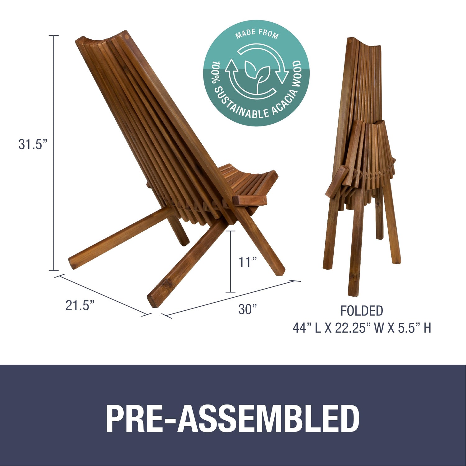 CleverMade Tamarack Folding Wooden Outdoor Chair -Stylish Low Profile Acacia Wood Lounge Chair for the Patio, Porch, Lawn, Garden or Home Furniture - CleverMade