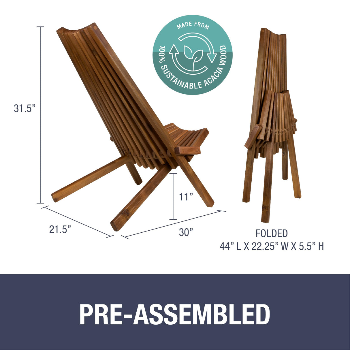 CleverMade Tamarack Folding Wooden Outdoor Chair -Stylish Low Profile Acacia Wood Lounge Chair for the Patio, Porch, Lawn, Garden or Home Furniture - CleverMade