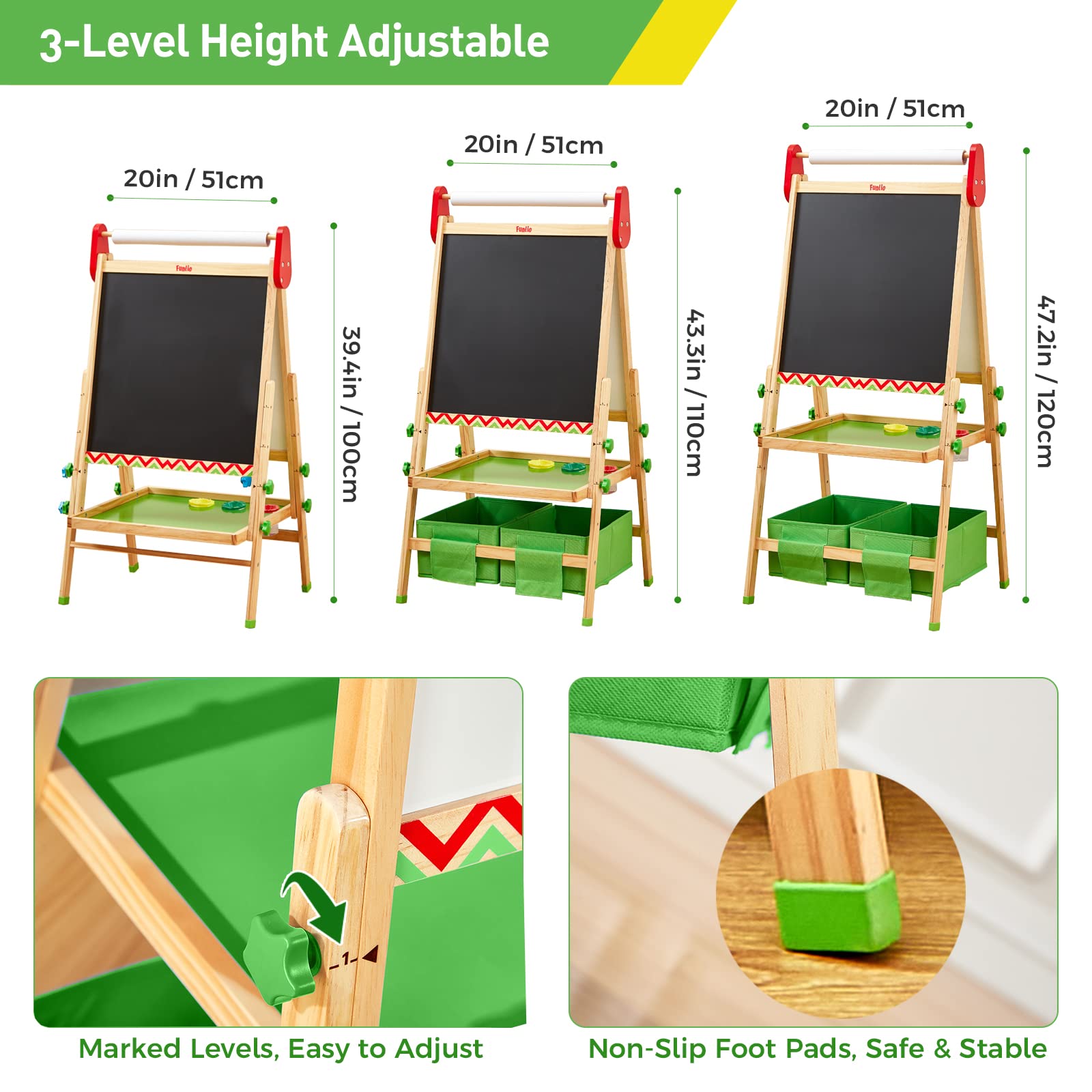 FUNLIO Kids Art Easel, 3 Height Adjustable for Kids Aged 2-8, Toddler Easel with Paper Roll, Anti-Warp & Magnetic Chalkboard/Whiteboard, All-in-One - WoodArtSupply