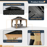 HAPPATIO 10' x 12' Hardtop Gazebo, Outdoor Wood Grain Frame Aluminum Gazebo, Double Roof Permanent Patio Gazebo Canopy with Netting and Curtains for HAPPATIO