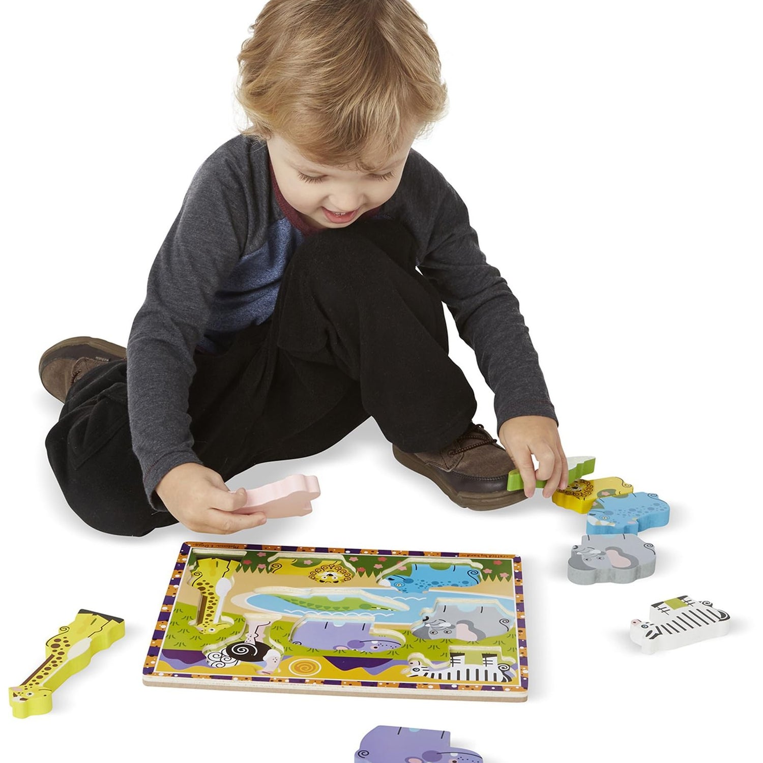 Melissa & Doug Safari Wooden Chunky Puzzle (8 pcs) - Wooden Puzzles for Toddlers, Animal Puzzles For Kids Ages 2+ - FSC-Certified Materials , 12" x Melissa & Doug