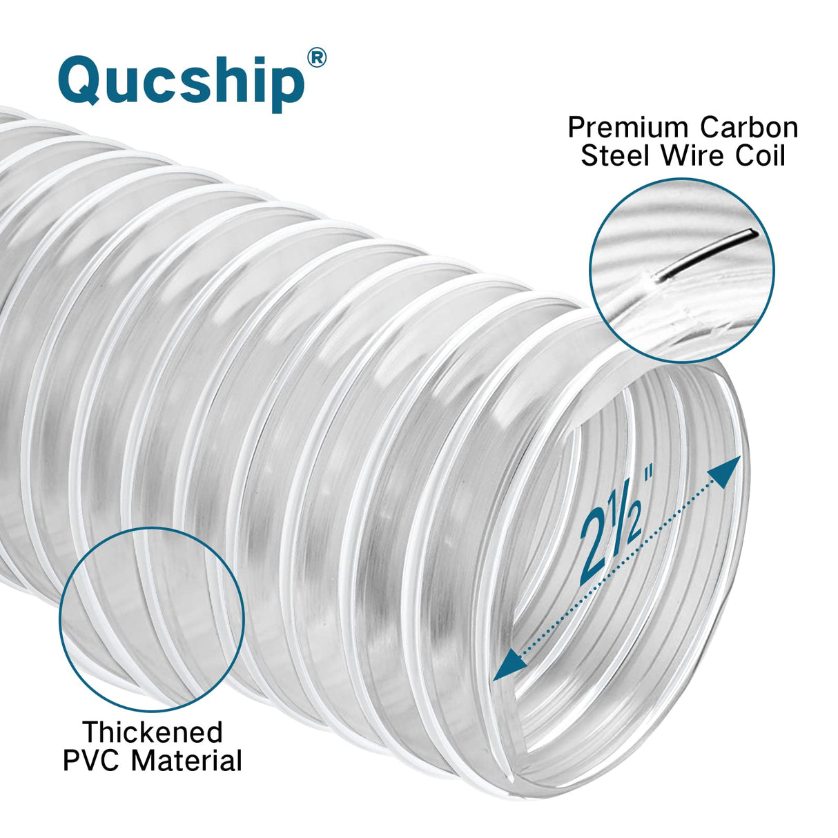 Heavy PVC Dust Collection Hose 2 1/2" x 20', Puncture Resistant PVC Dust Collection Hose with Carbon Steel Wire Coil, Flexible Clear PVC Fume Qucship