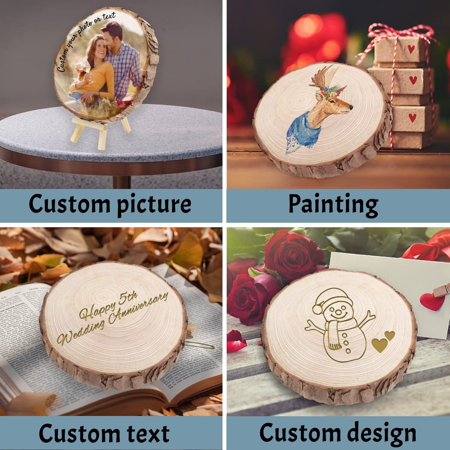 WQingot Personalized Photo Wood Slice Custom Engraved Picture Text Frame Tree Wooden Crafts for Valentine's Day Anniversary Birthday Wedding Gift WQingot