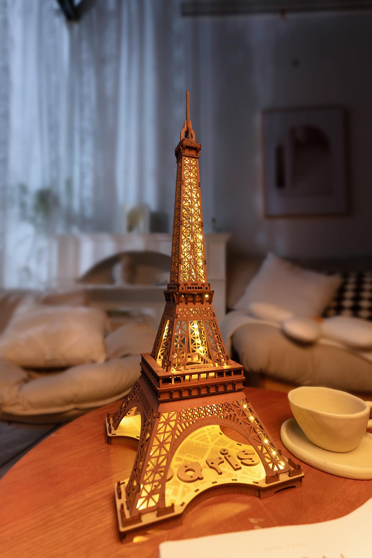 ROBOTIME 3D Puzzle for Adults DIY Model Building Kit with LED Light Wooden Eiffel Tower Craft Kit Architecture Toy Set Brain Teaser Gifts for Kids - WoodArtSupply