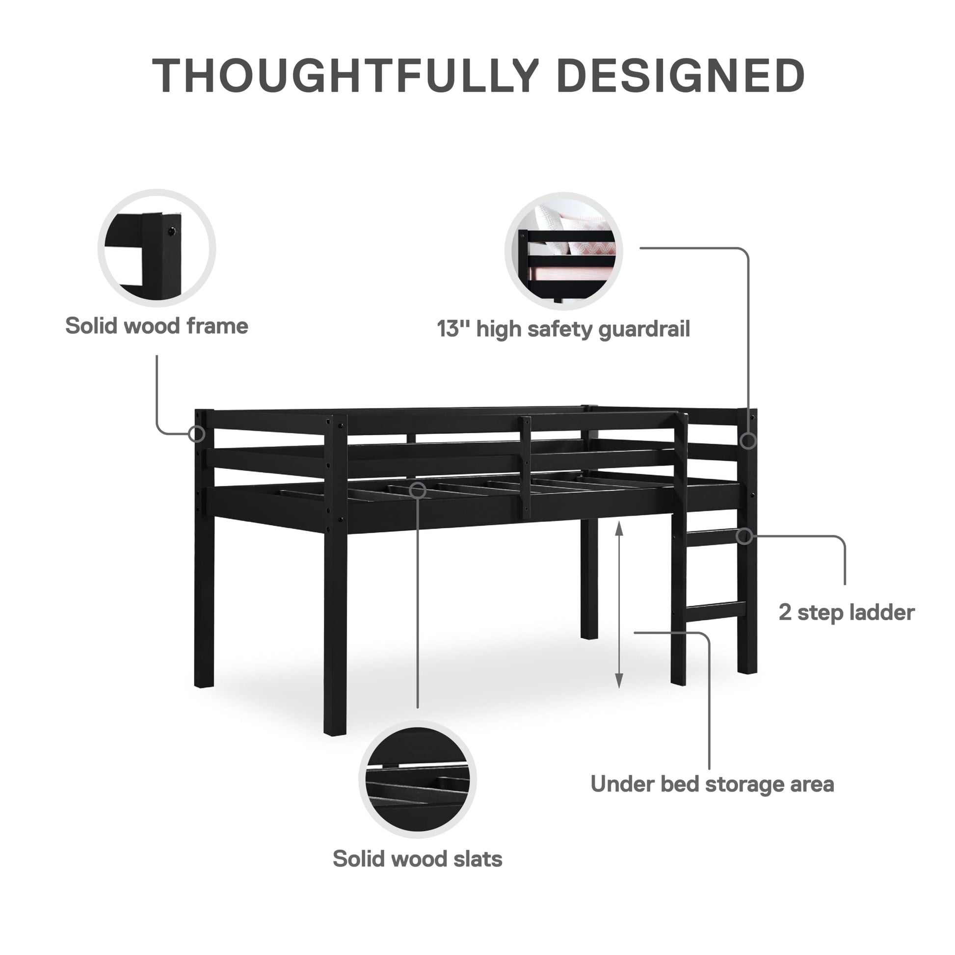 DHP Milton Junior Twin Loft Bed in Black – Stylish, Space-Saving Design for Kids - WoodArtSupply