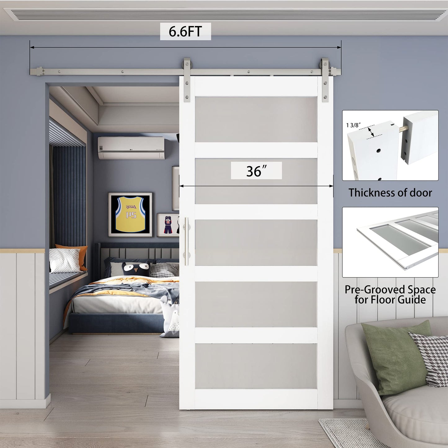 BARNSMITH 36in x 84in Glass Barn Door with 6.6FT Brushed Nickle Sliding Door Hardware Kit Included & Handle,5-Panel Frosted Glass Solid Wood - WoodArtSupply