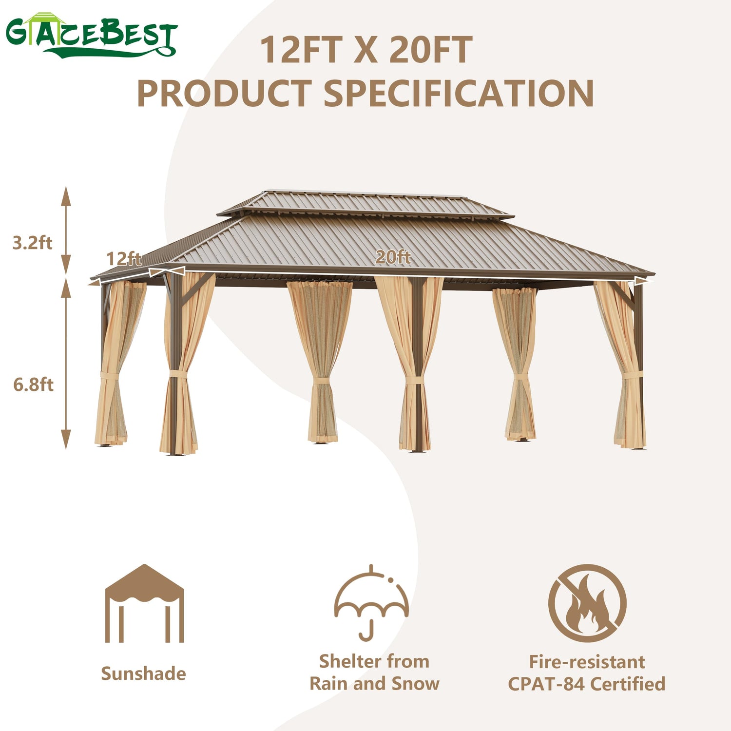 GAZEBEST 12x20 ft Hardtop Gazebo Outdoor Aluminum Patio Gazebo Double Roof Galvanized Steel Gazebo Canopy with Netting and Curtains,for Garden GAZEBEST