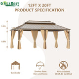 GAZEBEST 12x20 ft Hardtop Gazebo Outdoor Aluminum Patio Gazebo Double Roof Galvanized Steel Gazebo Canopy with Netting and Curtains,for Garden GAZEBEST