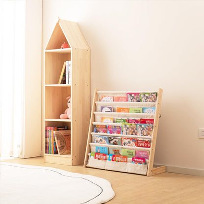 Wooden Bookshelf for Kids Wood Bookrack Canvas Book Storage Shelf Display Bookshelf 6 Tier Kids Book Rack for Bedroom Living Room Playroom Storage