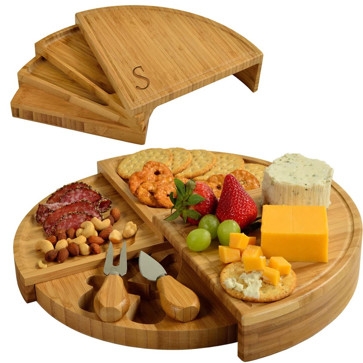 Picnic at Ascot Patented Personalized Monogrammed Engraved Bamboo Cheese/Charcuterie Board with Cheese Knives- Designed & Quality Checked in The USA Picnic at Ascot