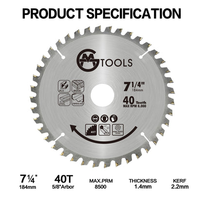 GMTOOLS 7-1/4 Inch 40 Teeth Carbide Tipped Circular Saw Blade with 5/8-Inch Arbor, Professional ATB Finishing Woodworking Saw Blade for Plywood,