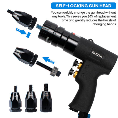 TOJIZEN Pneumatic Rivet Nut Gun Kit - 1/4, 5/16 & 3/8 inch Gun Heads - Air Powered Rivet Nut Tool Set for Rivnut, Nutsert, Threaded Insert, and More - WoodArtSupply