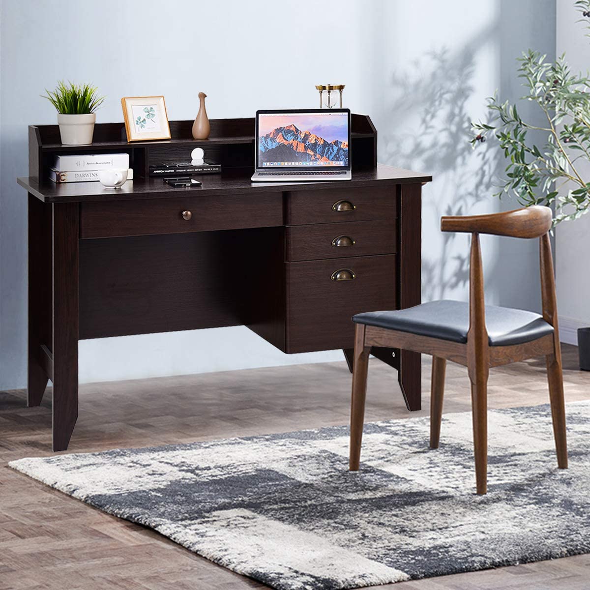 Tangkula Computer Desk with 4 Storage Drawers & Hutch, Home Office Desk Vintage Desk with Storage Shelves, Wooden Executive Desk Writing Study Desk