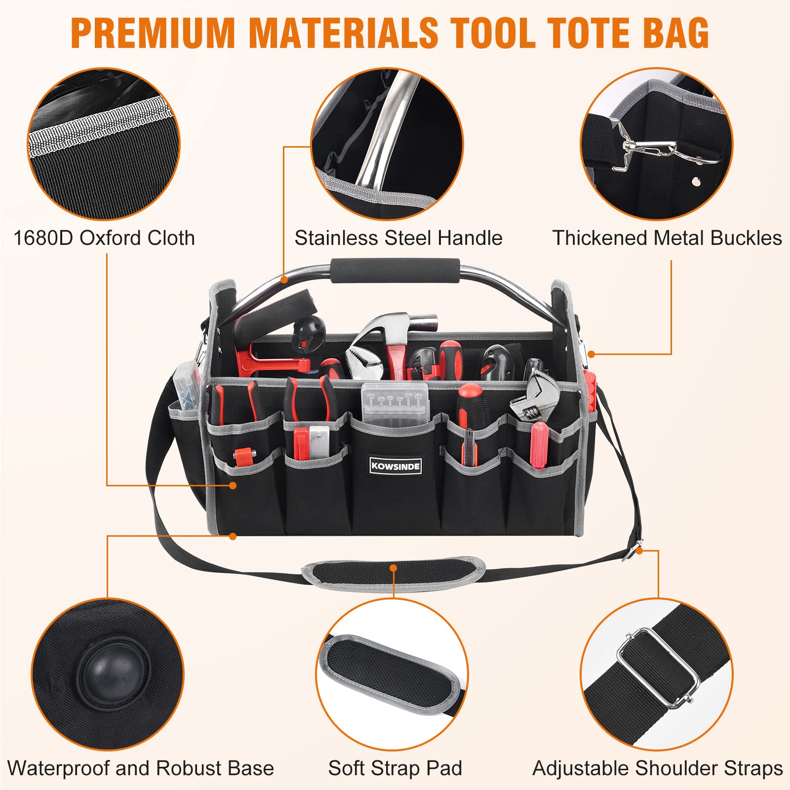 Kowsinde 16 Inch Tool Bag, Electrician Tool Bag, Open Top Tool Bags, 26 Pockets Can Hold Many Tools, Steel Handle and Removable Shoulder Strap - WoodArtSupply