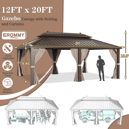 EROMMY 12'x 20' Gazebo Galvanized Steel Outdoor Hardtop Canopy Double Vented Roof Pergolas Aluminum Frame with Netting and Curtains for