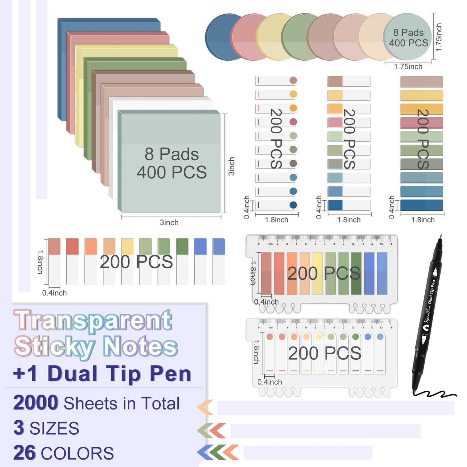 Transparent Sticky Notes, 2000 Sheets Clear Sticky Notes Pads with Pen, Waterproof Self-Stick Translucent Sticky Notes Tabs for Annotation Books, VigorFun