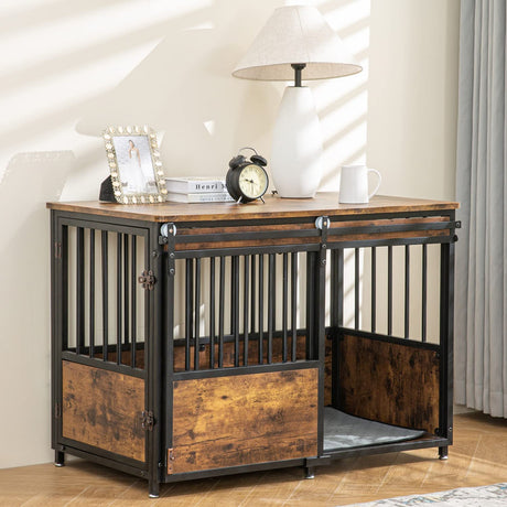 KOOPRO 40 Inch Dog Crate Furniture with Cushion for Large Medium Dogs, Wooden Heavy Duty Dog Kennel with Double Doors, Decorative Pet House Dog Cage KOOPRO