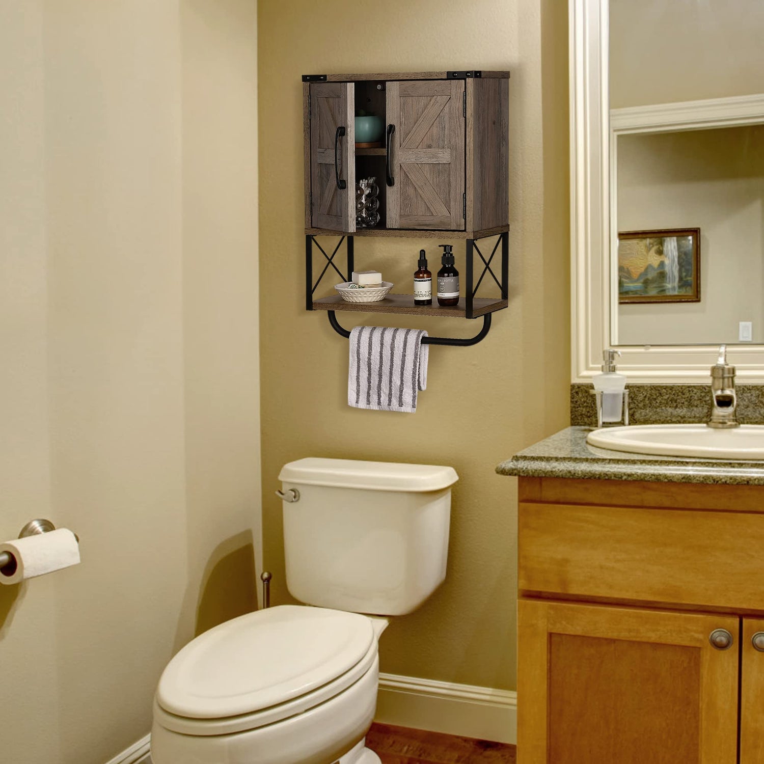 RUSTOWN Farmhouse Rustic Medicine Cabinet with Two Barn Door,Wood Wall Mounted Storage Cabinet with Adjustable Shelf and Towel Bar, 3-Tier Cabinet RUSTOWN