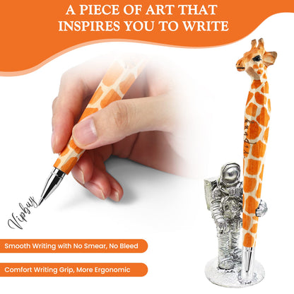 VIPbuy 2 Count 100% Handmade Wood Carved Gel Ink Pens -Novelty Refillable Writing Pens Office School Supplies Birthday Christmas Gift, Giraffe - WoodArtSupply