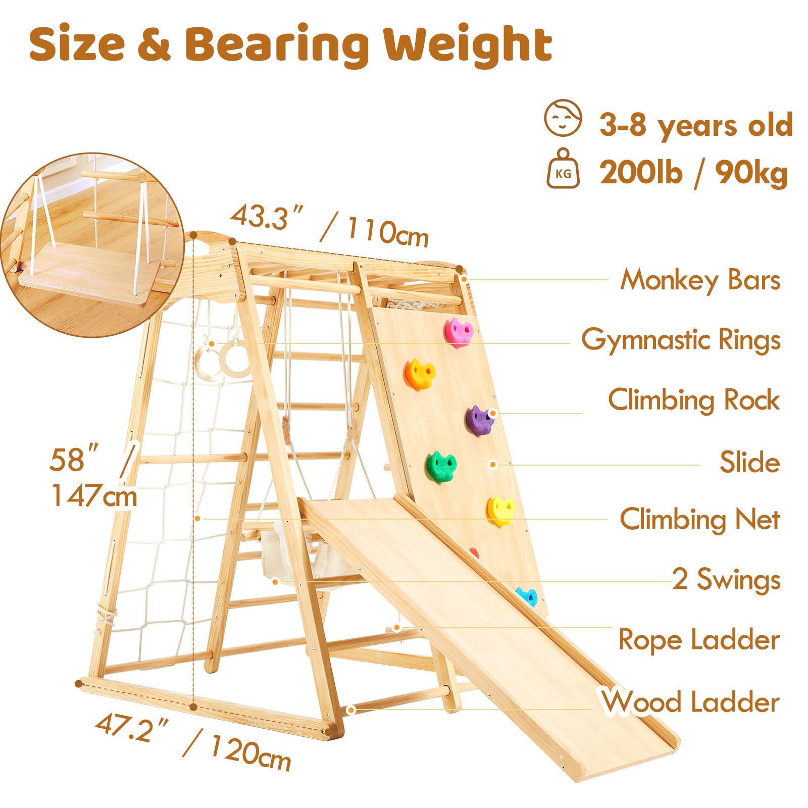 FUNLIO 8-in-1 Wood Indoor Playground for Kids 3-8 Years, Larger & Heavier Climbing Toys with Solid Pine, Indoor Gym for Kids with - WoodArtSupply