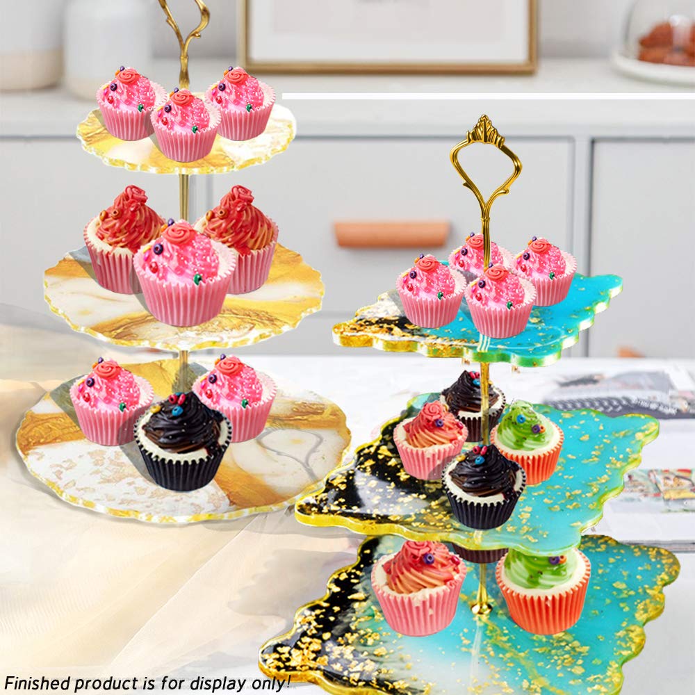 2 Pack 3 Tier Cake Stand Resin Tray Molds, Epoxy Resin Casting Mold with 6Pcs Crown Brackets and 20 Gold Foils, DIY Silicone Mold for Making Cupcake - WoodArtSupply