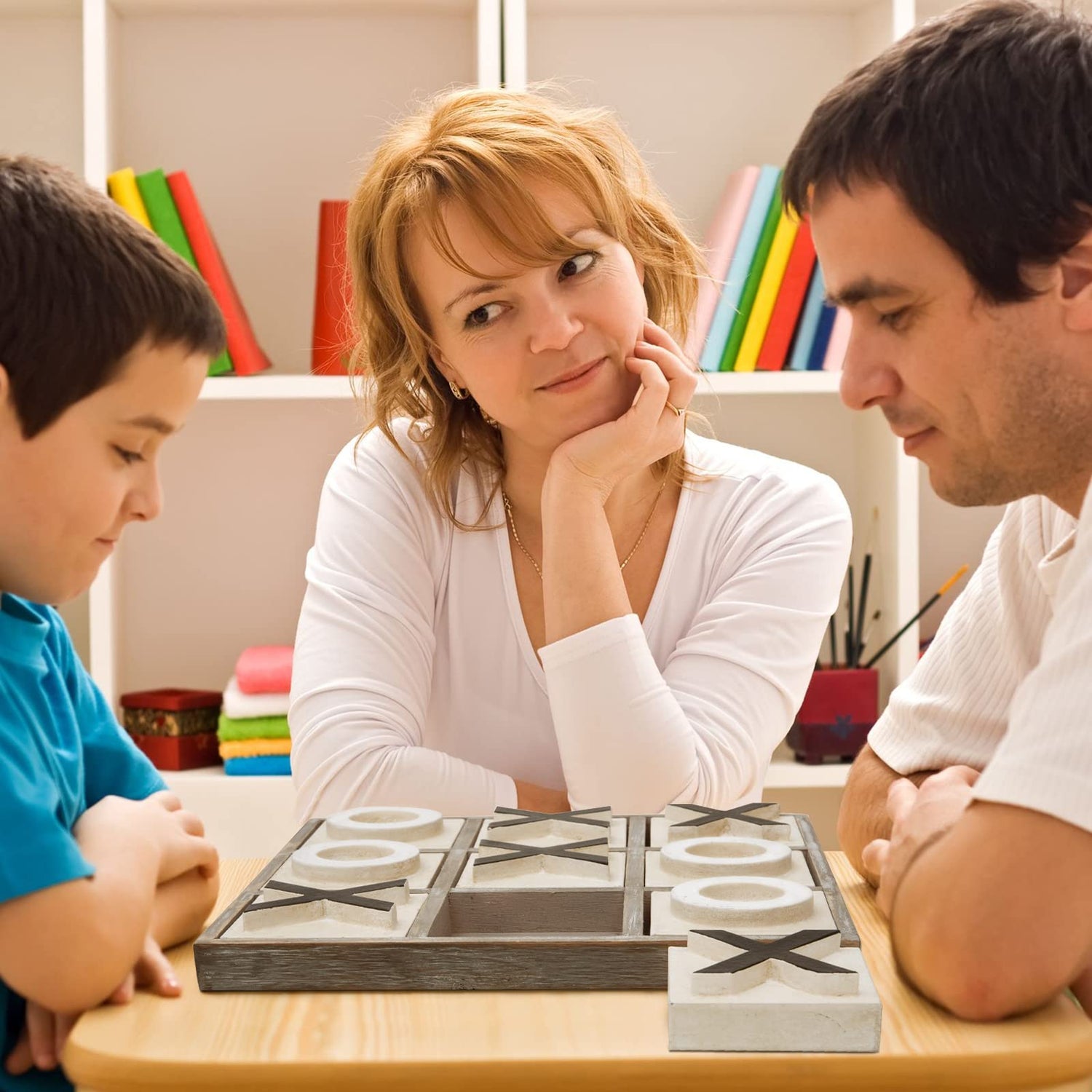 JEVERGN 12.6" Large Tic Tac Toe Game, Rustic Wooden Coffee Table Game, Wood Tic-tac-Toe Board Game with Decor, Family Games for Adult & Kids, Washed JEVERGN