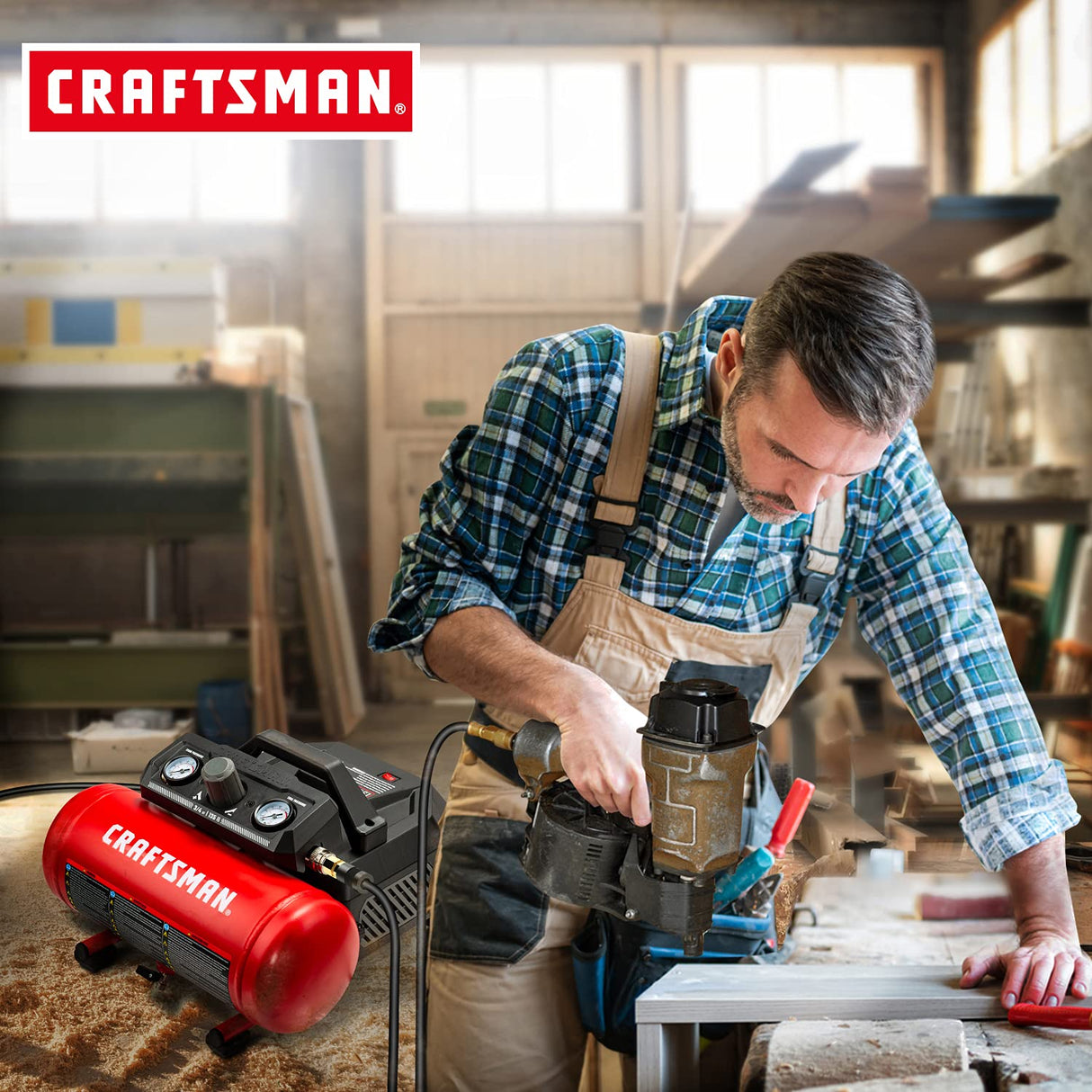 Craftsman Air Compressor, 1.5 Gallon 3/4 HP Max 135 PSI Pressure, 1.5 CFM@90psi and 2.2 CFM@40psi, Stainless Steel Portable Oil Free Maintenance Free Craftsman