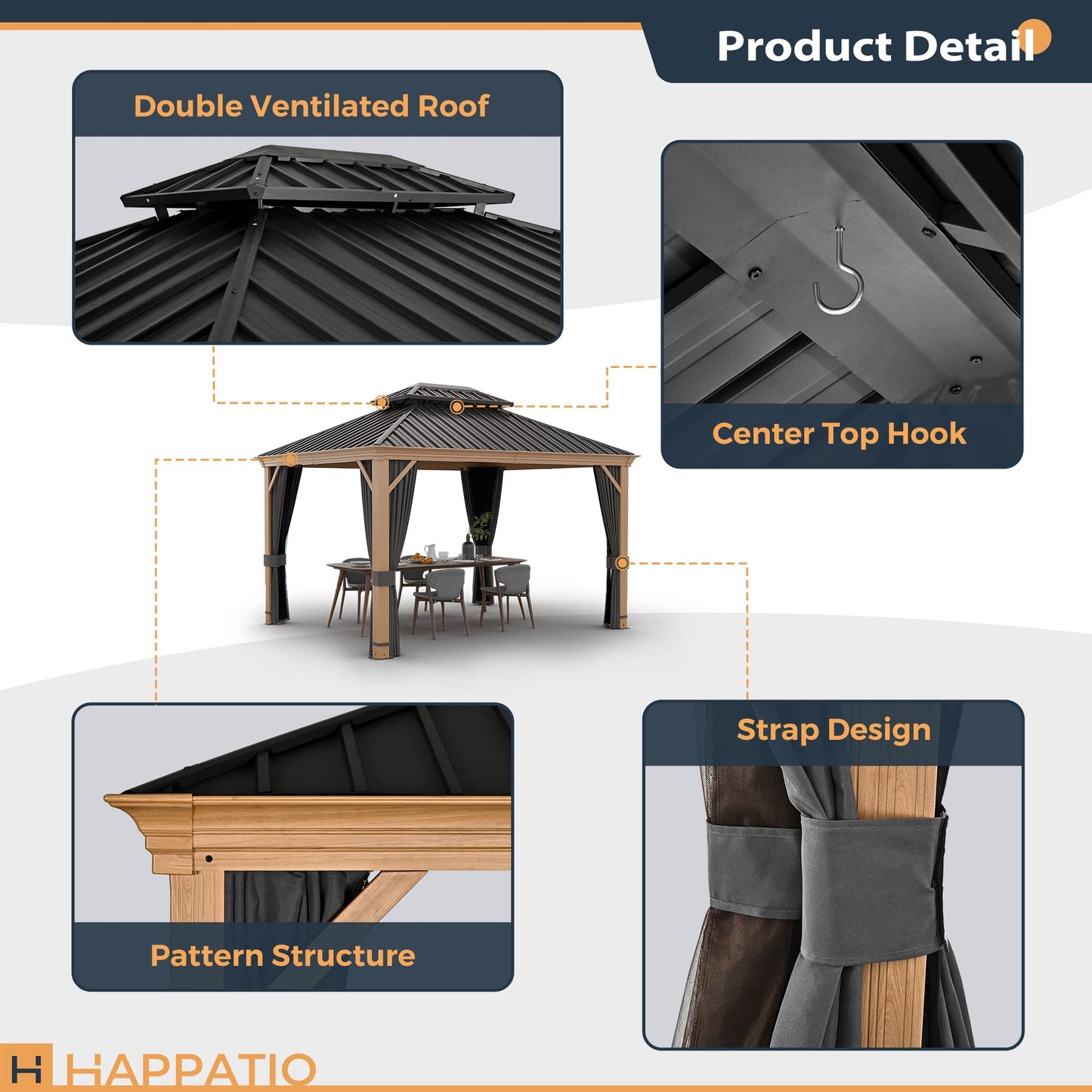 HAPPATIO 10' x 12' Hardtop Gazebo, Outdoor Wood Grain Frame Aluminum Metal Gazebo with Galvanized Steel Double Roof，Patio Gazebo Canopy with Netting - WoodArtSupply