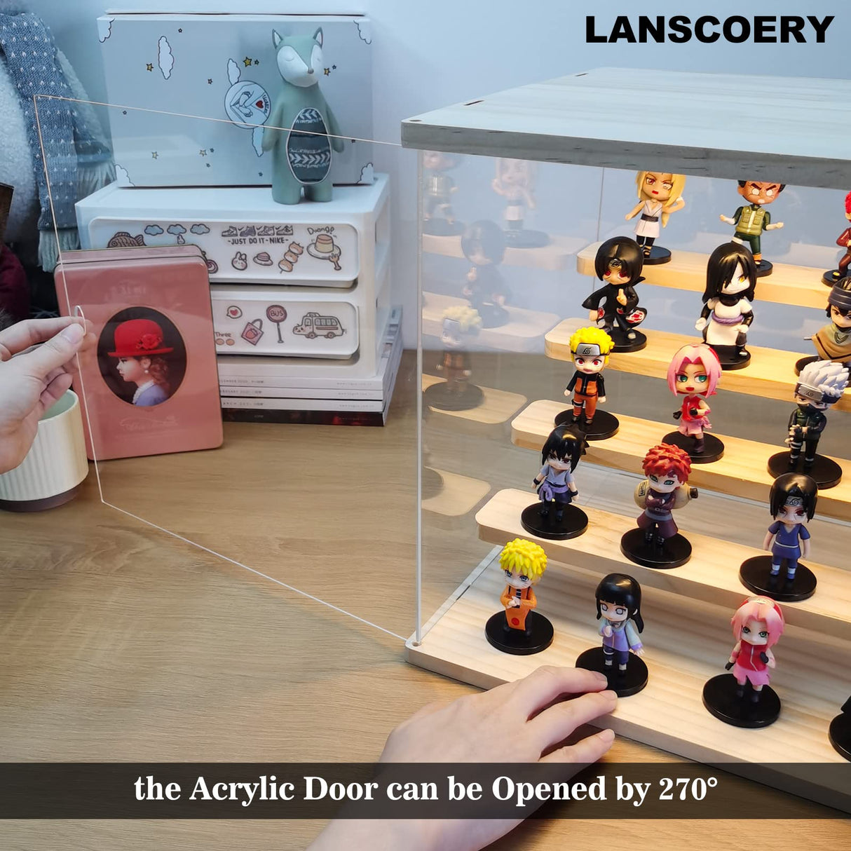 LANSCOERY Clear Acrylic Display Case with Light, Assemble 5 Tier Display Box Stand with Wooden Base, Dustproof Protection Showcase for Collectibles LANSCOERY