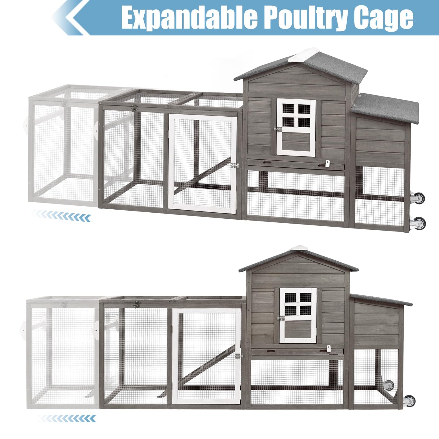 PetsCosset 79" Wooden Chicken Coop Rabbit Cage with Nesting Box, Waterproof Roof, Removable Tray, Combinable - WoodArtSupply