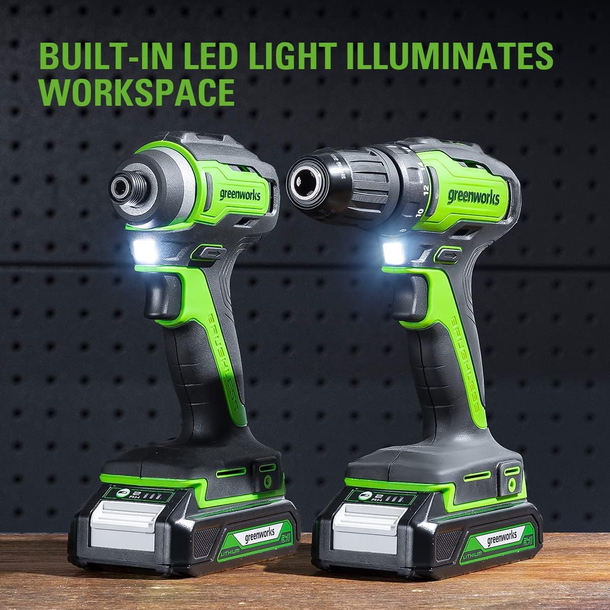 Greenworks 24V Brushless Cordless Drill Impact Driver Combo kit, 1/2”Drill & 1/4”Hex Impact Driver Power Tool Kit, Included 2 * 1.5Ah Batteries, Fast Greenworks