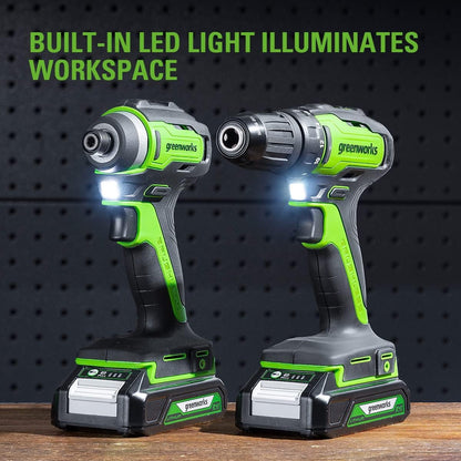 Greenworks 24V Brushless Cordless Drill Impact Driver Combo kit, 1/2”Drill & 1/4”Hex Impact Driver Power Tool Kit, Included 2 * 1.5Ah Batteries, Fast - WoodArtSupply