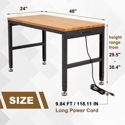 HABUTWAY Height Adjustable Workbench 48" 2000 Lbs Capacity Oak Wood Work Station Heavy-Duty Work Benches with Power Outlets for Garage Party Shop