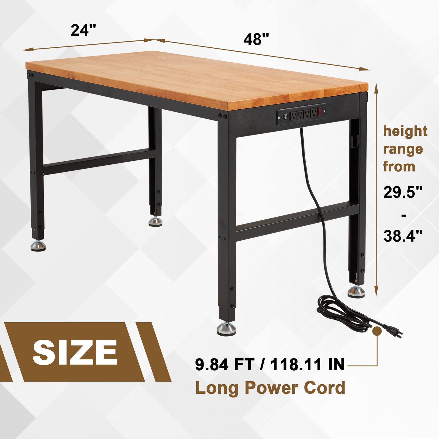 AHB 48" Workbench Adjustable Height, Oak Wood Work Table with Power Outlets, Max 2000 LBS, Heavy Duty Work Bench for Garage Party Shop Office
